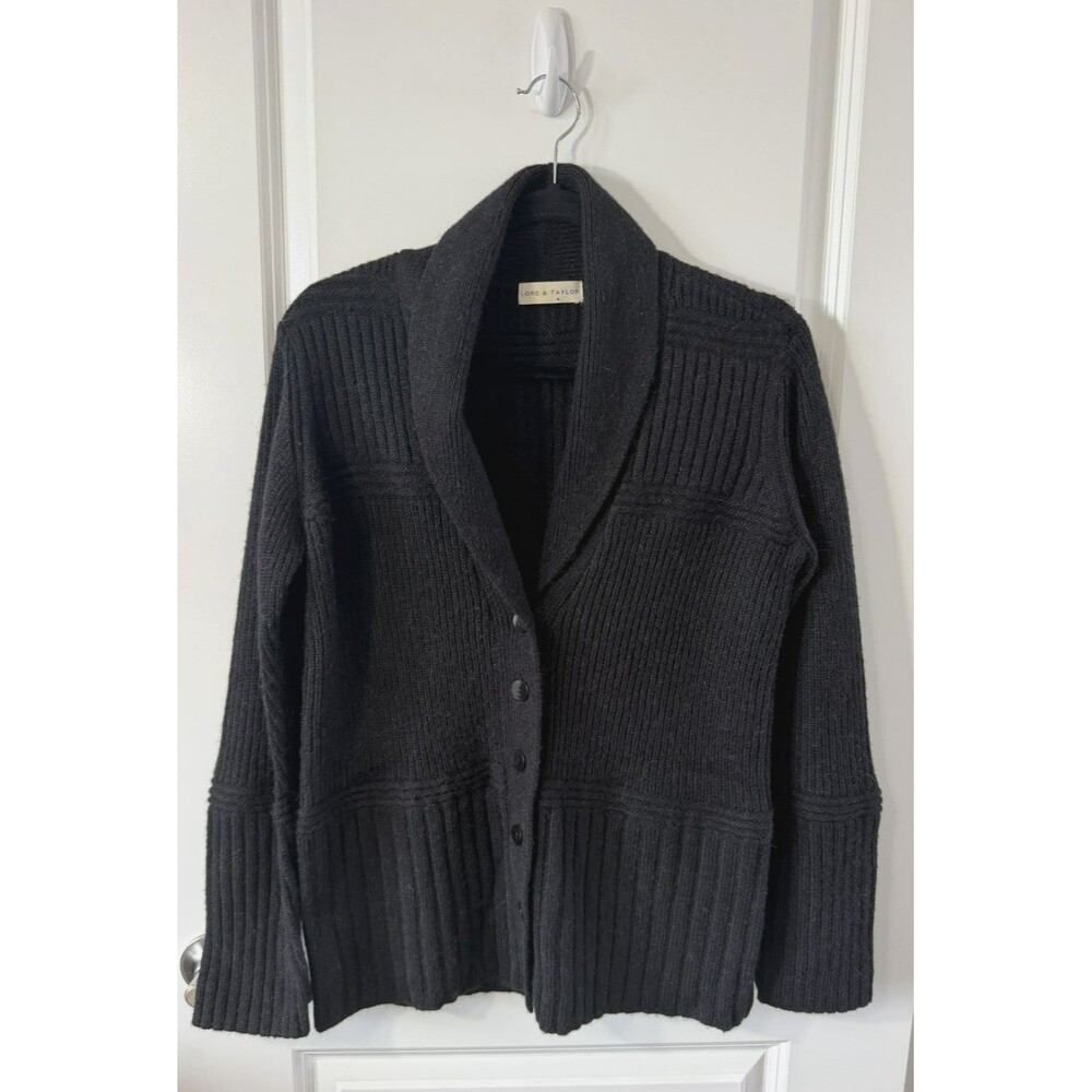 Women's Lord + Taylor Black Cardigan alpaca wool cowl neck Sweater S warm cozy